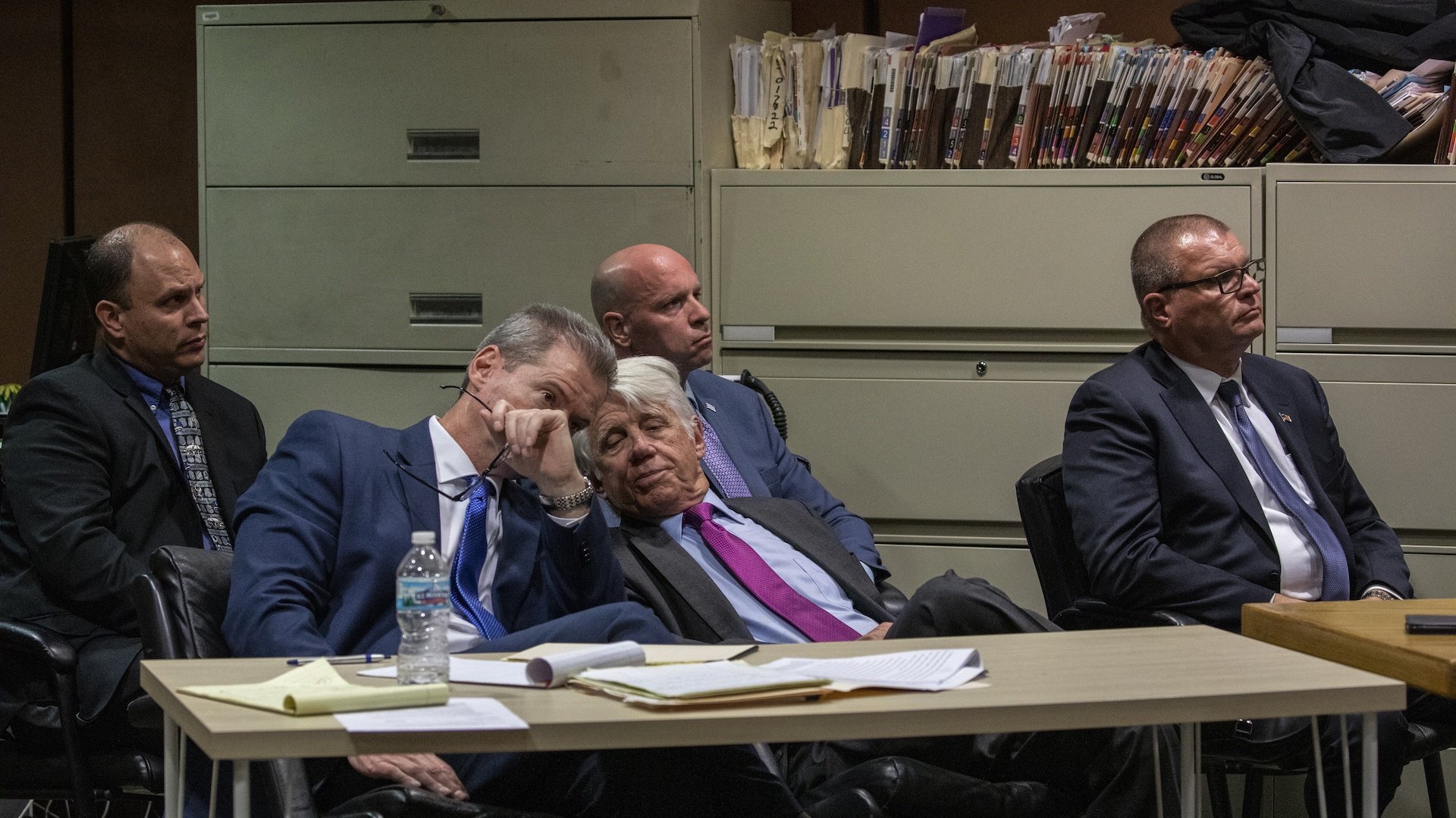 Back row, from left: Chicago police Officer Thomas Gaffney, ex-Officer Joseph Walsh and former Detective David March at a pretrial hearing on on Tuesday, Oct. 30, 2018. Seated in front are their attorneys, William Fahy, left, and Thomas Breen. (Zbigniew Bzdak / Chicago Tribune / Pool)
