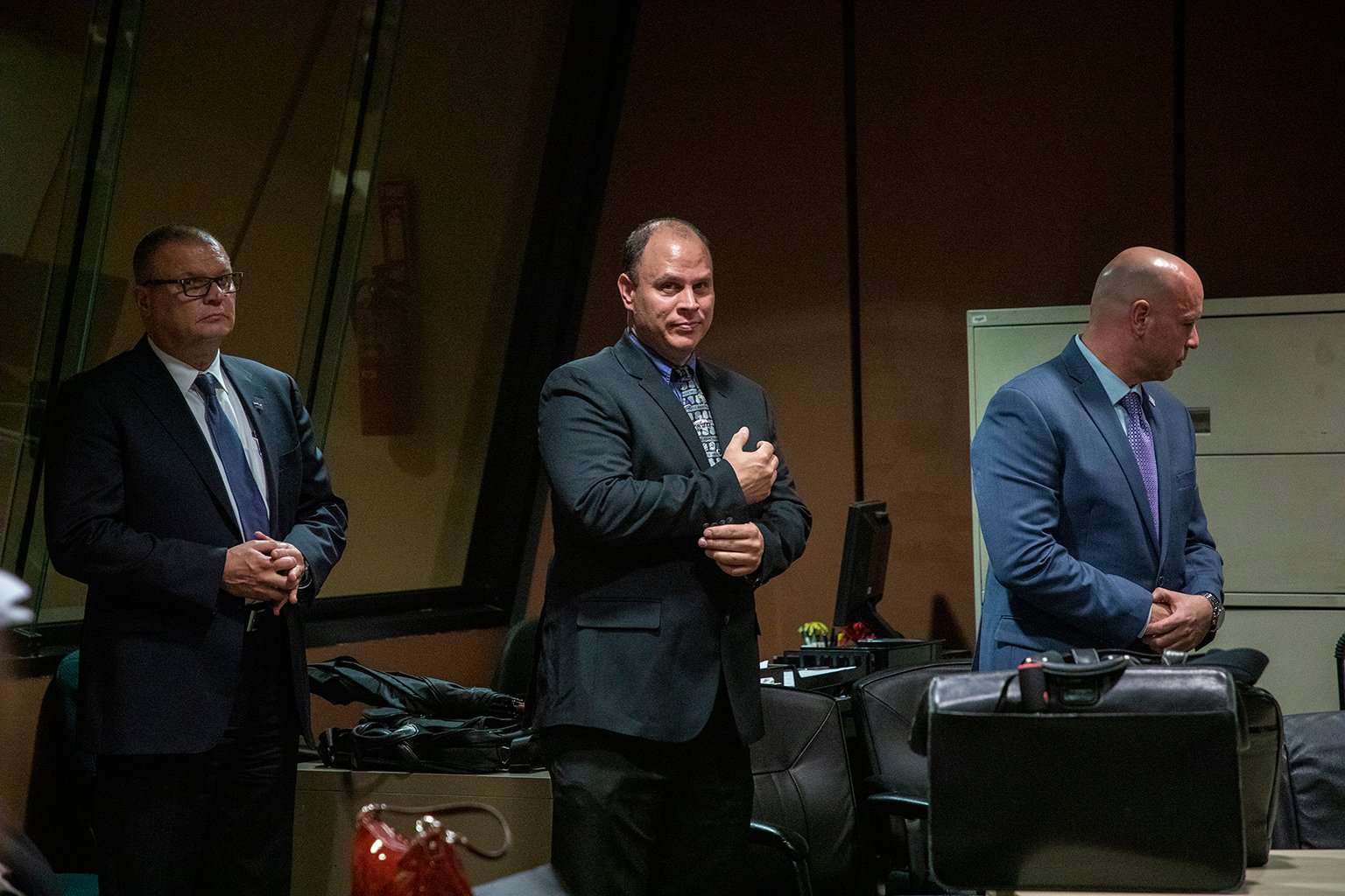 From left: Former Chicago Detective David March, officer Thomas Gaffney and former officer Joseph Walsh attend a pretrial hearing Tuesday, Oct. 30, 2018. (Zbigniew Bzdak / Chicago Tribune / Pool)
