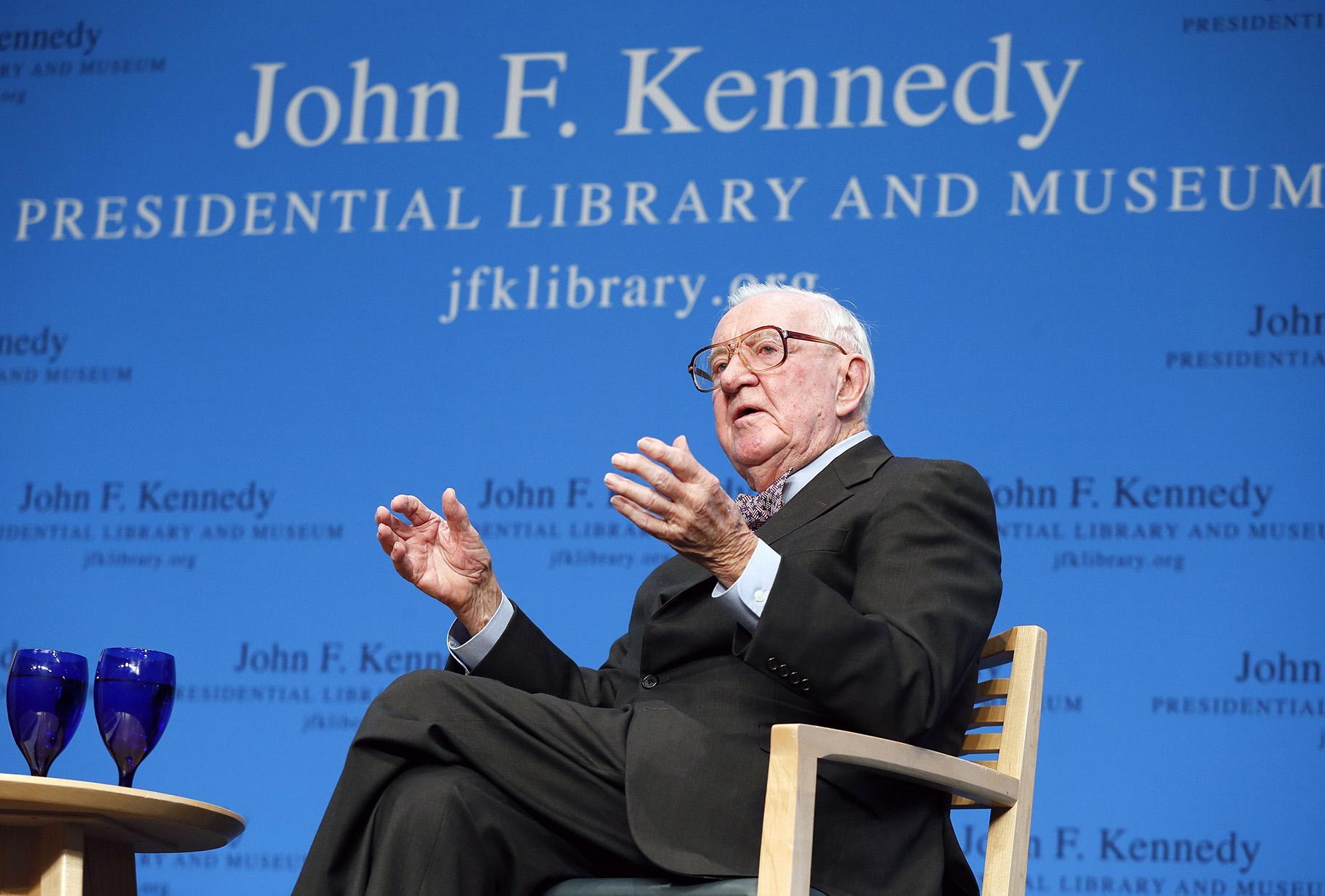 In this May 20, 2013 file photo, retired U.S. Supreme Court Justice John Paul Stevens talks about his views and career during a forum at the John F. Kennedy Library in Boston. (AP Photo / Michael Dwyer, File)