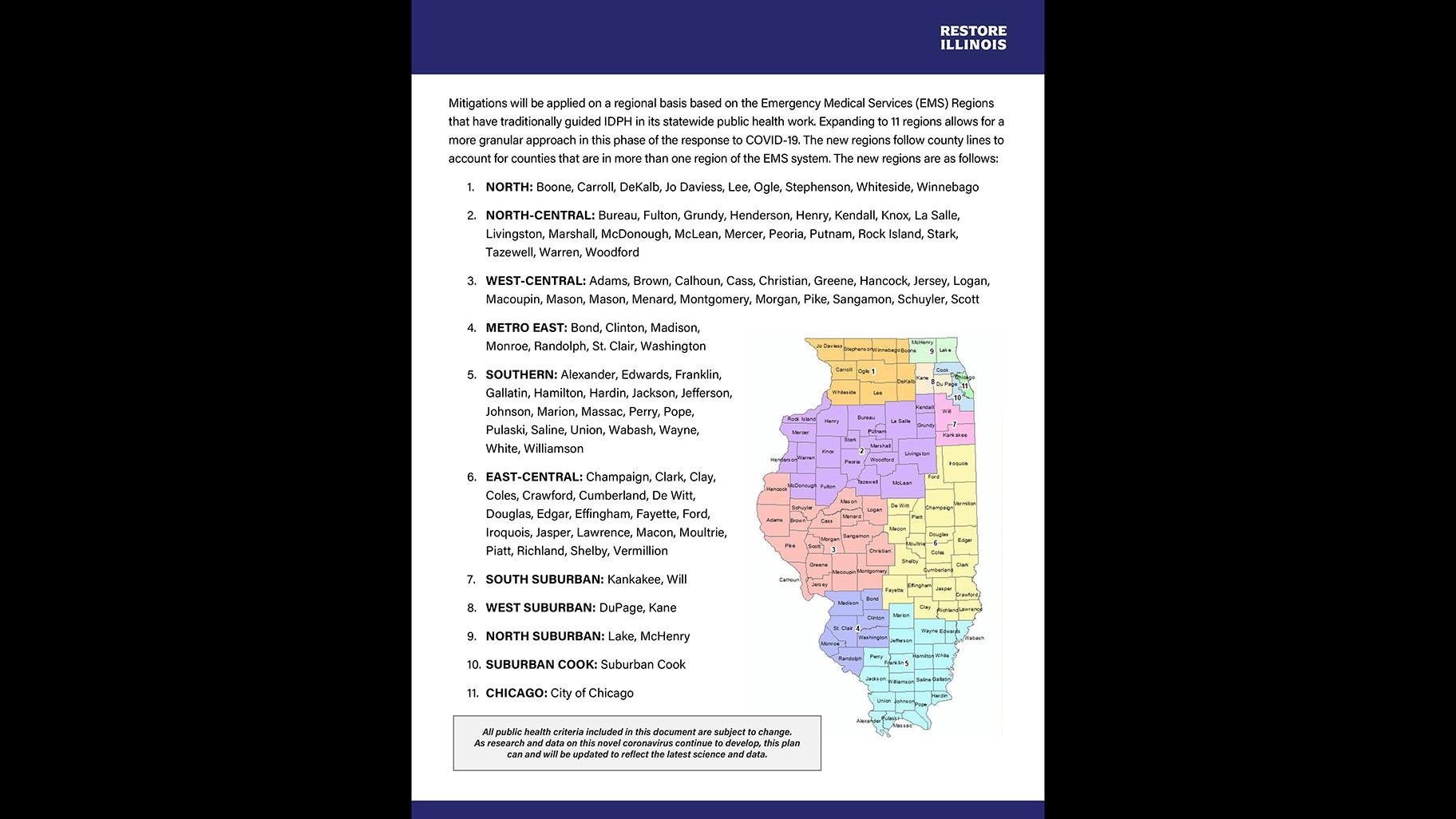 A map of Illinois’ 11 regions. (Click to see full COVID-19 mitigation plan released by Gov. J.B. Pritzker.)