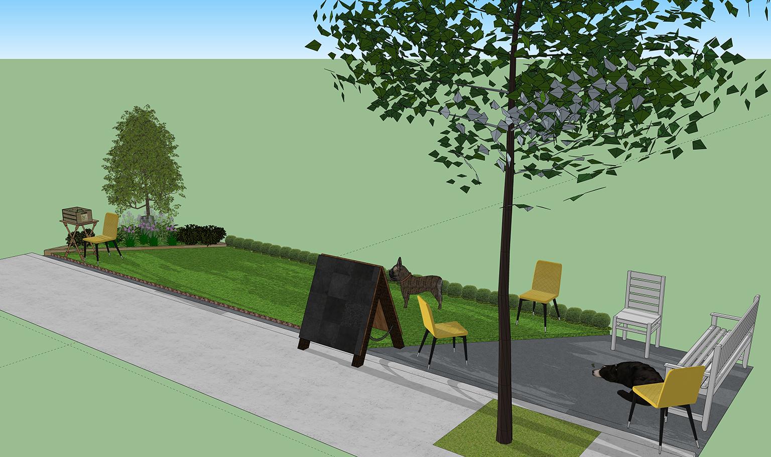 A rendering of the dog-friendly green space planned for two parking spaces in River North on Friday, Sept. 21, as part of PARK(ing) Day. (Courtesy of The Anti-Cruelty Society)