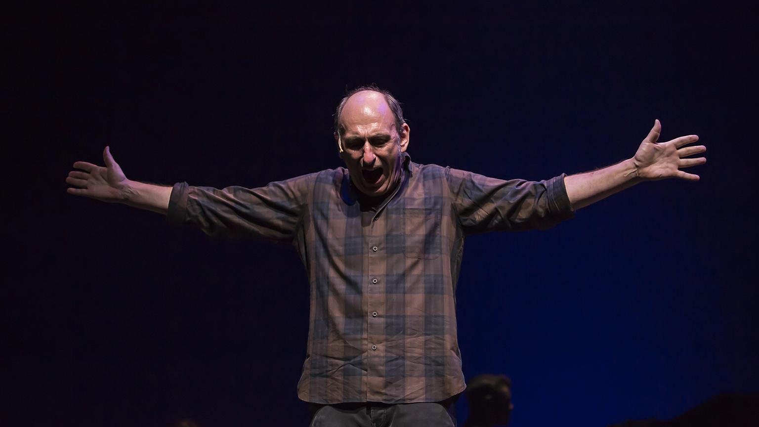 Playwright and performer David Cale in his world premiere solo musical memoir “We’re Only Alive for A Short Amount of Time,” directed by Robert Falls at Goodman Theatre. (Credit: Liz Lauren) 