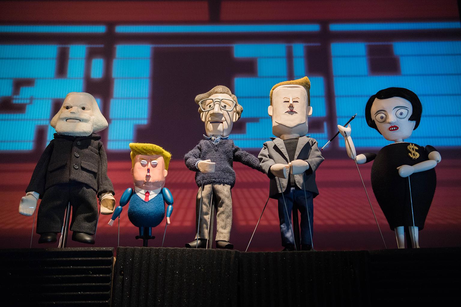 Pedro Reyes’s puppet play “Manufacturing Mischief,”featuring Karl Marx, Tiny Trump, Noam Chomsky, Elon Musk and Ayn Rand. (Photo by Sham Sthankiya April 2018)