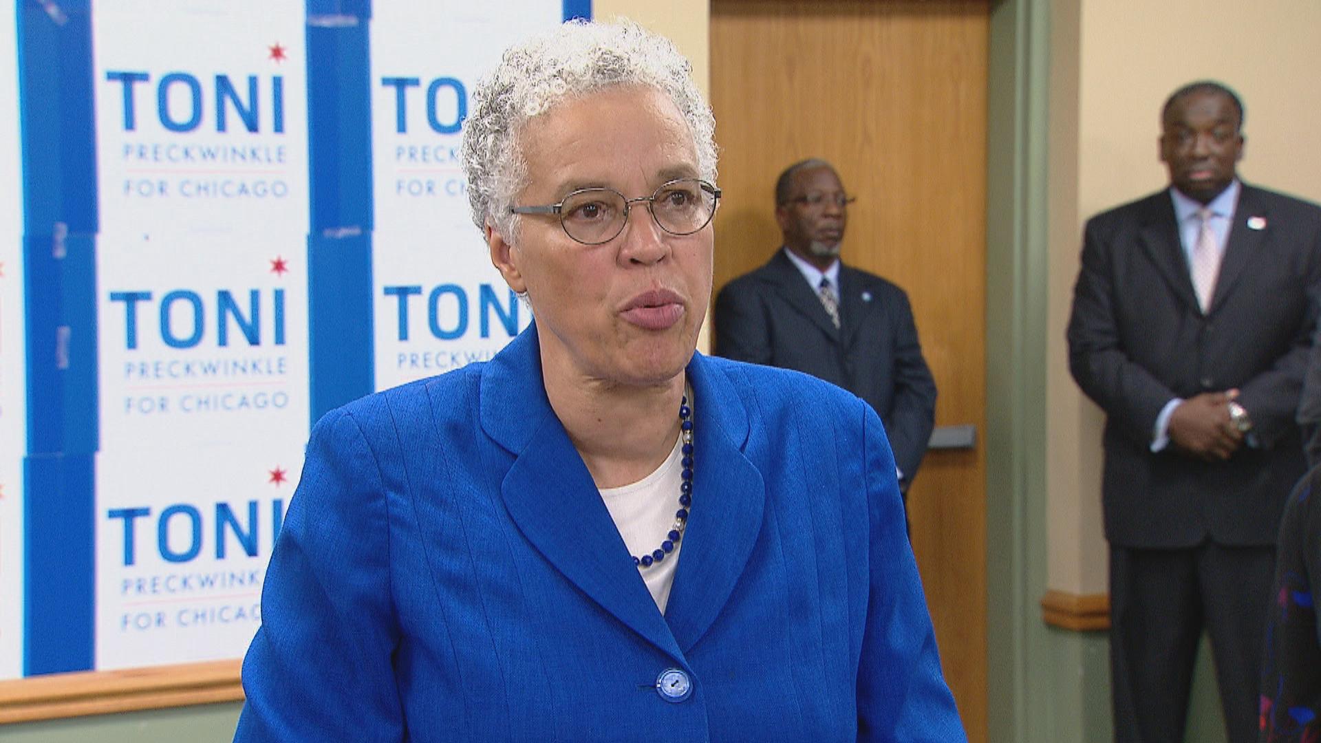 Cook County Board President Toni Preckwinkle takes questions from the media after announcing her mayoral campaign on Thursday, Sept. 20, 2019. (Chicago Tonight)