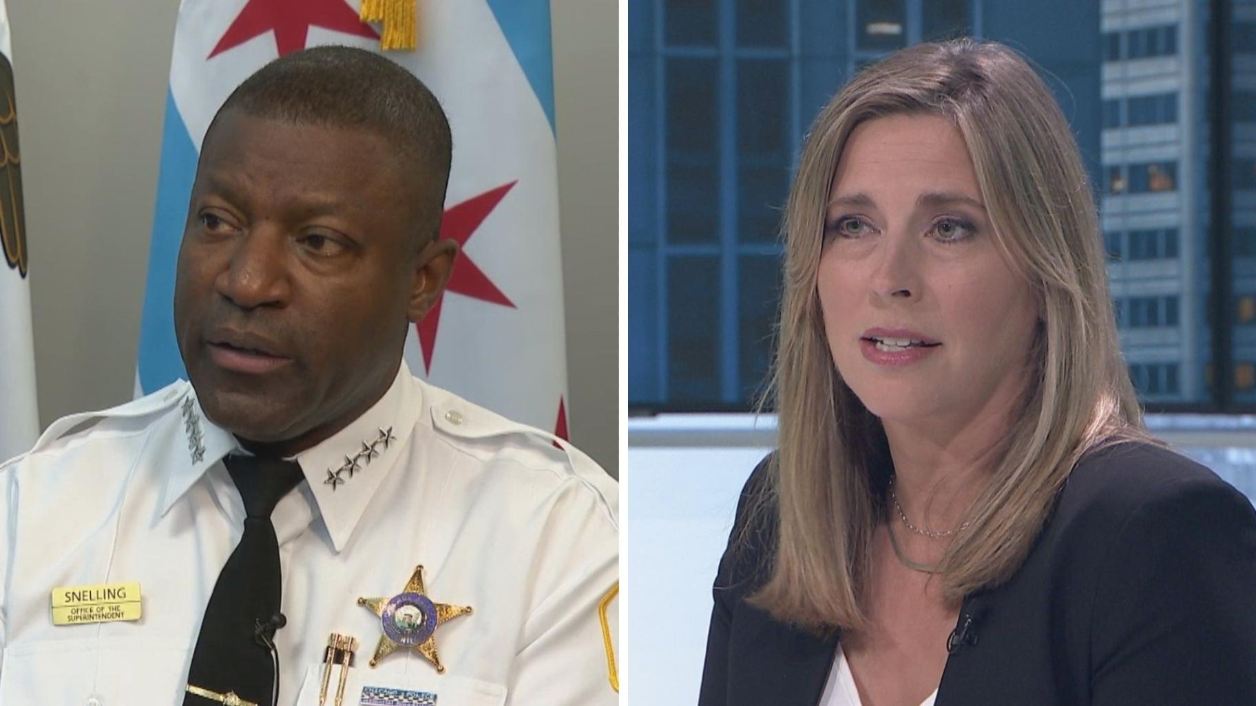Left: Chicago Police Superintendent Larry Snelling appears on “Chicago Tonight: Black Voices” on Oct. 18, 2023. Right: Andrea Kersten, chief administrator of Chicago’s Civilian Office of Police Accountability, appears on “Chicago Tonight” on June 28, 2023. (WTTW News)