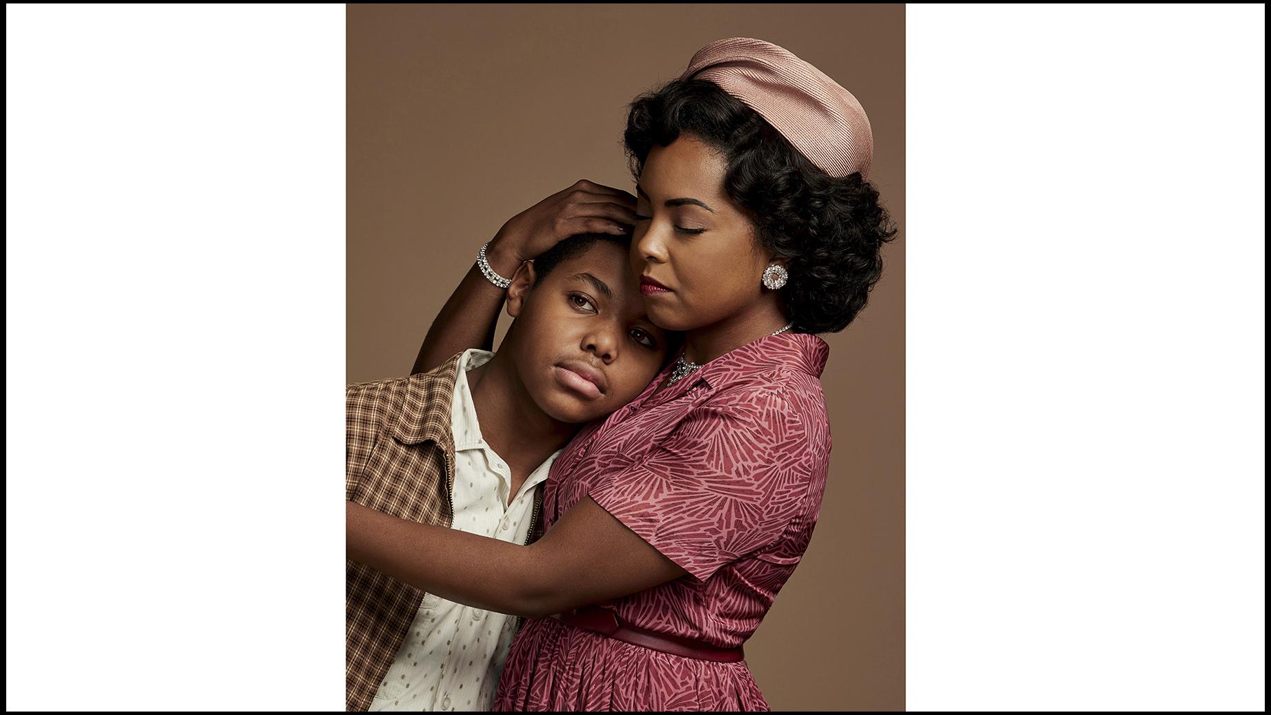 This image released by ABC shows Cedric Joe as Emmett Till, left, and Adrienne Warren as Mamie Till-Mobley in “Women of the Movement.” (Matt Sayles. ABC via AP)