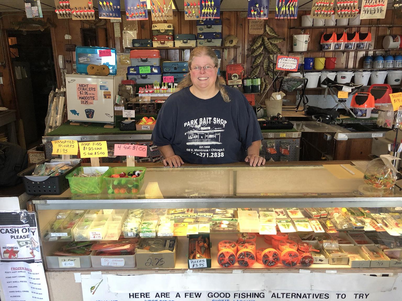 Stacey Greene is the owner of Park Bait Shop at Montrose Harbor. There has been a bait shop on that spot since at least the 1930s. Her father, Willie Greene, founded Park Bait in 1958. (Jay Shefsky / Chicago Tonight)