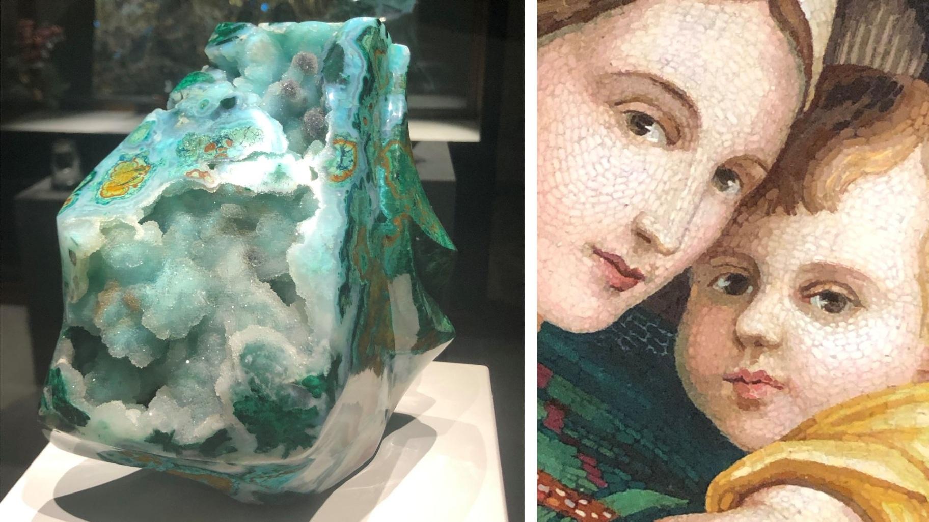 Left: Lapidary art made by artist Perry Brent Davis from chrysocolla, malachite and limonite. Right: Close-up of a mosaic at the Lizzadro Museum of Lapidary Art. (Marc Vitali / WTTW News)
