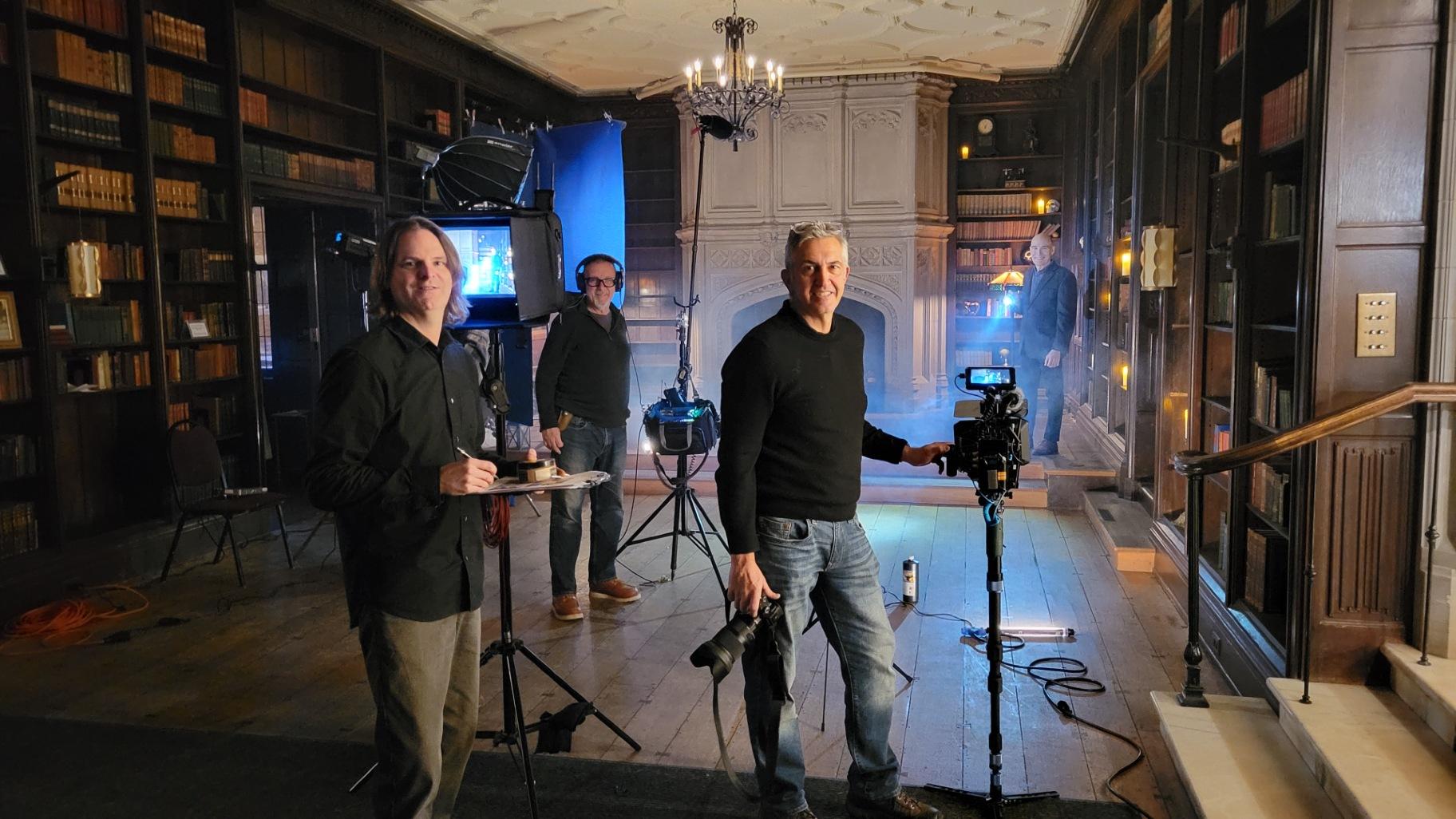 “Chicago Mysteries” producer and co-writer Sean Keenehan, field audio engineer Martin Stebbing, director of photography Oral User and host and co-writer Geoffrey Baer on set at the Mayslake Peabody Estate in Oak Brook in December 2023. (Courtesy of Sean Keenehan)