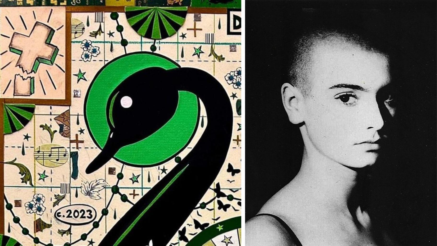 Left: “Psalms for an Irish Girl” by Chicago artist Tony Fitzpatrick. (Provided); Right: Sinéad O’Connor in 1987. (Courtesy of Chrysalis Records)