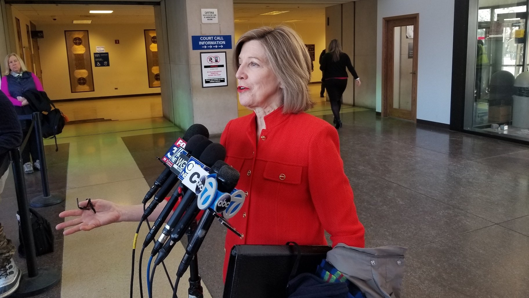 Retired appellate Judge Sheila O’Brien speaks to reporters inside the Leighton Criminal Court Building on Feb. 14, 2020. (Matt Masterson / WTTW News)