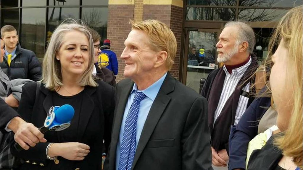 Bill Amor speaks with media after being acquitted in his retrial Wednesday. (Illinois Innocence Project / Facebook)