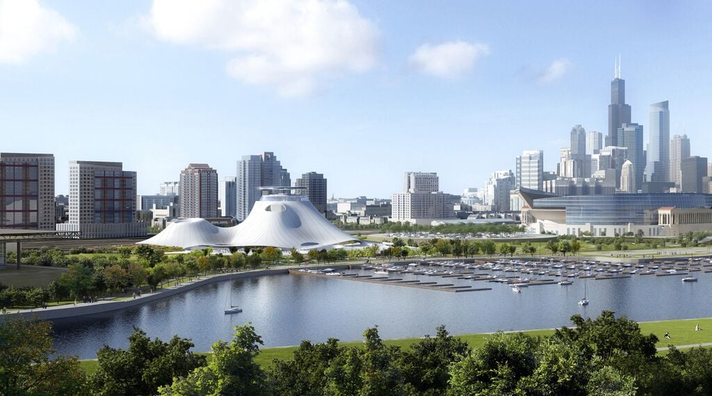 Lucas museum site with Soldier Field and skyline from the south east. (Courtesy of Lucas Museum of Narrative Art)