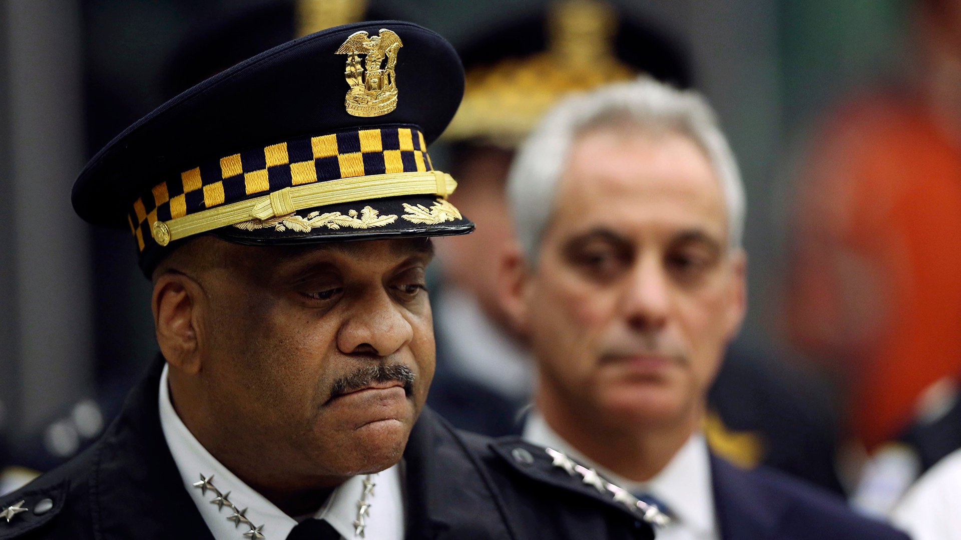 Chicago Police Superintendent Eddie Johnson, left, and Mayor Rahm Emanuel speak Monday, Nov. 19, 2018, during a news conference at the University of Chicago Medical Center after a gunman opened fire at Mercy Hospital. (Chris Walker / Chicago Tribune via AP)