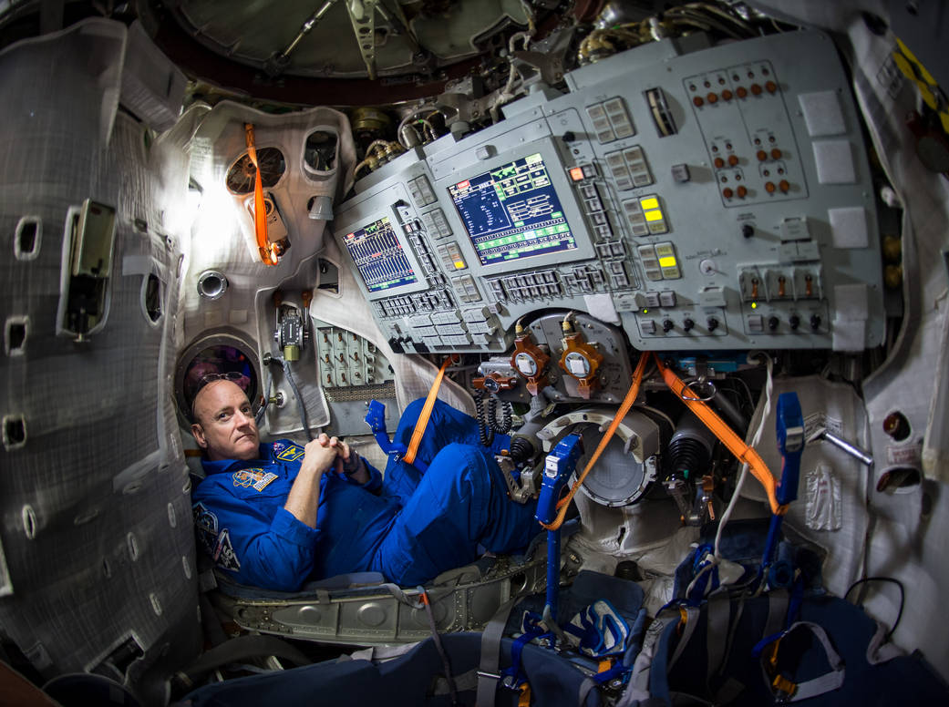 NASA astronaut Scott Kelly is seen inside a Soyuz simulator at the Gagarin Cosmonaut Training Center (GCTC), March 4, 2015 in Star City, Russia. (Courtesy NASA / Bill Ingalls)