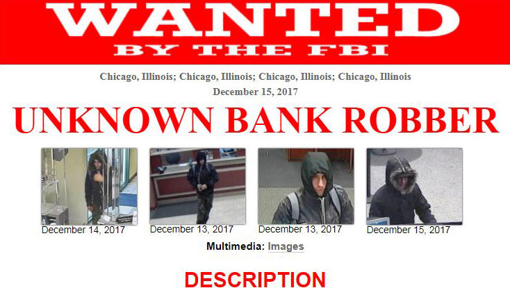 FBI flyer showing the suspect in three bank robberies and one attempted robbery last month. (FBI)