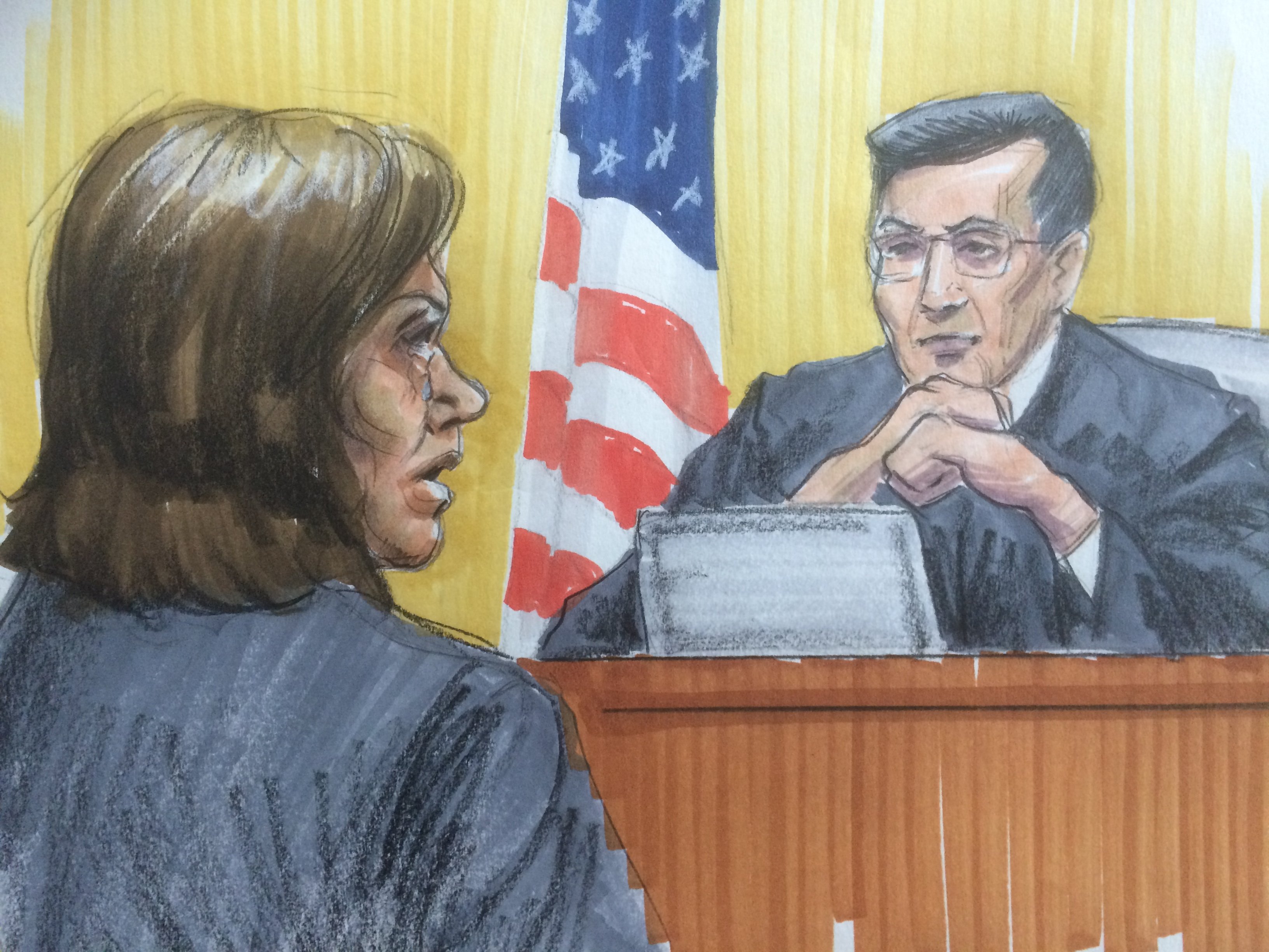 Courtroom sketch of Barbara Byrd-Bennett pleading and crying in front of U.S. District Judge Edmond Chang. (Thomas Gianni)