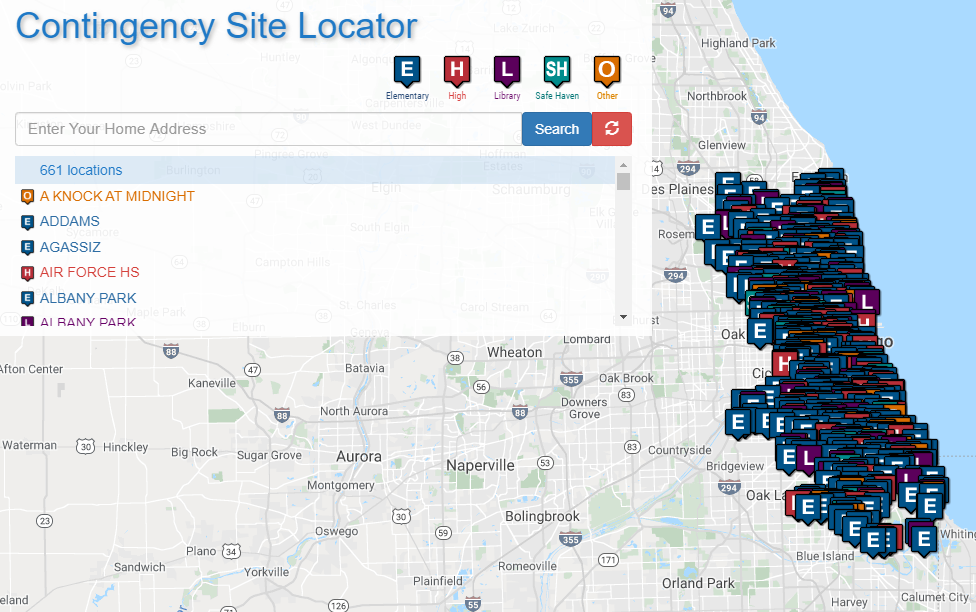 Chicago Public Schools' contingency site map. Click to view all sites.