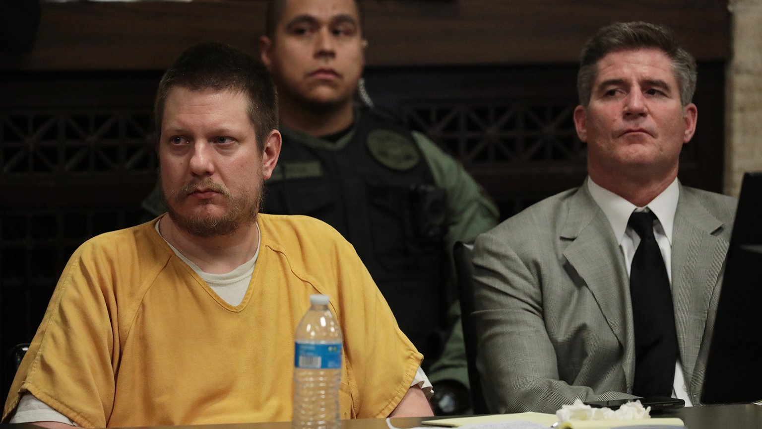 Former Chicago police Officer Jason Van Dyke and his attorney Daniel Herbert, right, listen as the judge describes how he’ll be sentenced on Friday, Jan. 18, 2019. (Antonio Perez / Chicago Tribune / Pool)