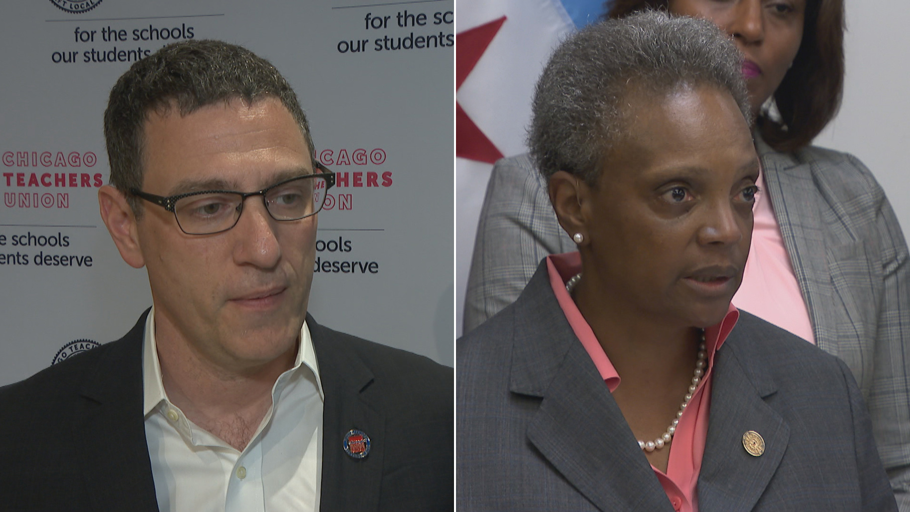 Chicago Teachers Union President Jesse Sharkey, left, and Chicago Mayor Lori Lightfoot speak about teacher contract negotiations on Monday, Aug. 26, 2019.