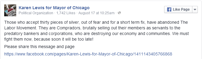 The Facebook post by "Karen Lewis for Mayor of Chicago"