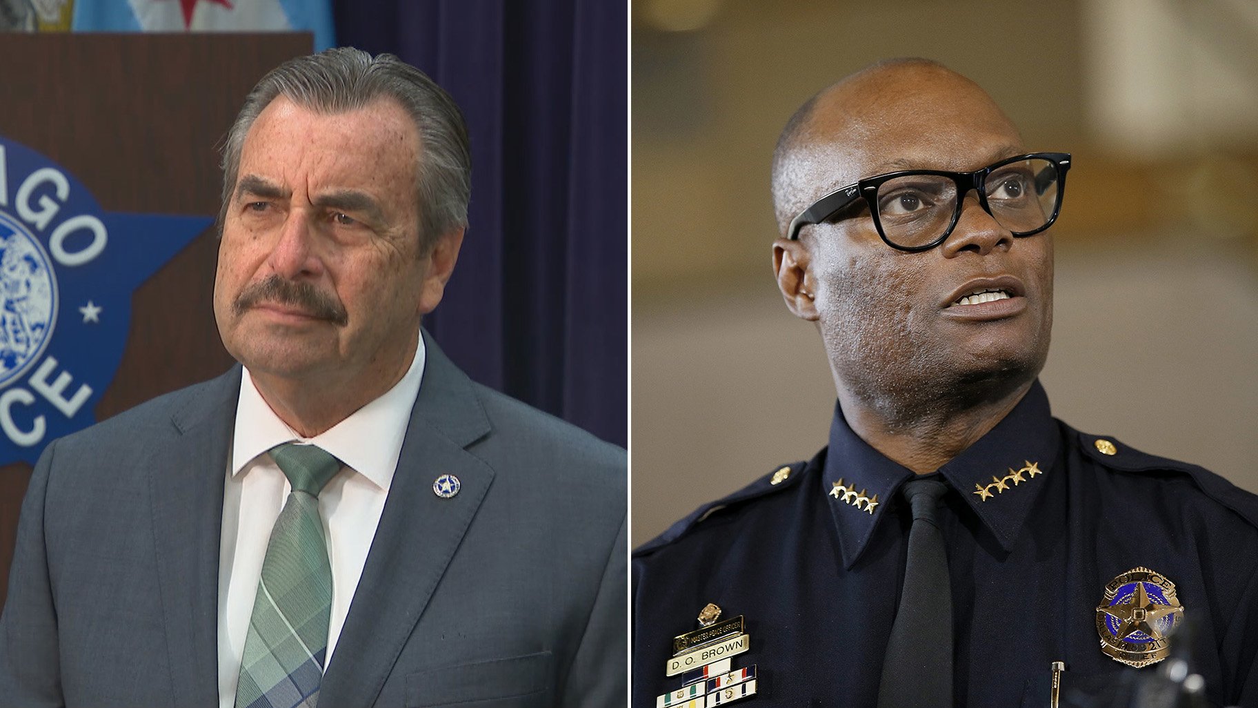 Left: Interim Chicago Police Superintendent Charlie Beck speaks with “Chicago Tonight” on April 8, 2020. Right: Dallas Police Chief David Brown briefs the media on June 15, 2015 about a shooting at Dallas Police headquarters in Dallas. (AP Photo / Tony Gutierrez, File)