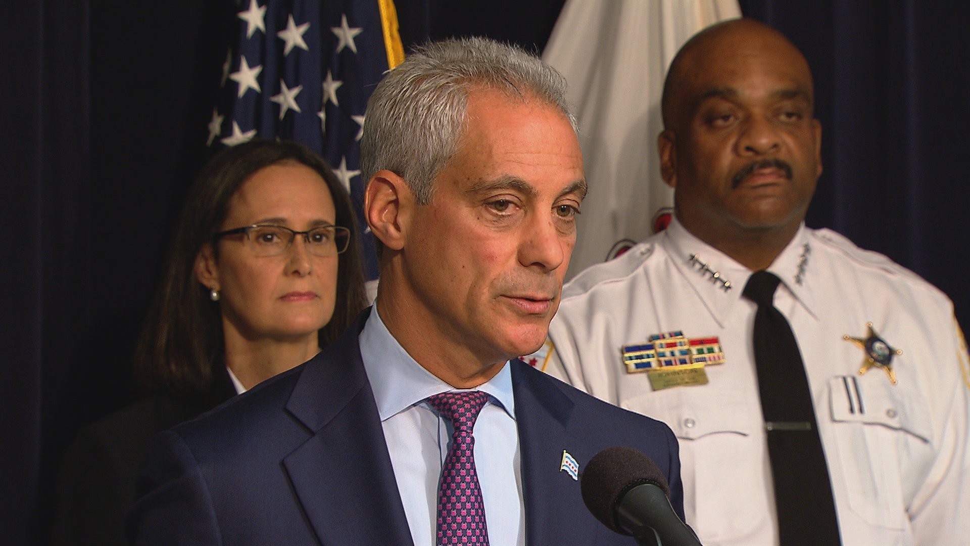 Mayor Rahm Emanuel, Illinois Attorney General Lisa Madigan and Chicago Police Superintendent Eddie Johnson discuss steps toward oversight of the Chicago Police Department on Aug. 29, 2017.