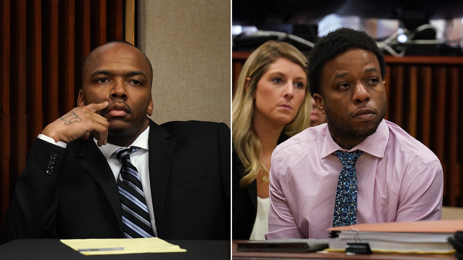 Dwright Boone-Doty, left, and Corey Morgan appear during opening statements in the murder trial of 9-year-old Tyshawn Lee at the Leighton Criminal Court building in Chicago on Tuesday, Sept. 17, 2019. (E. Jason Wambsgans / Chicago Tribune / pool)