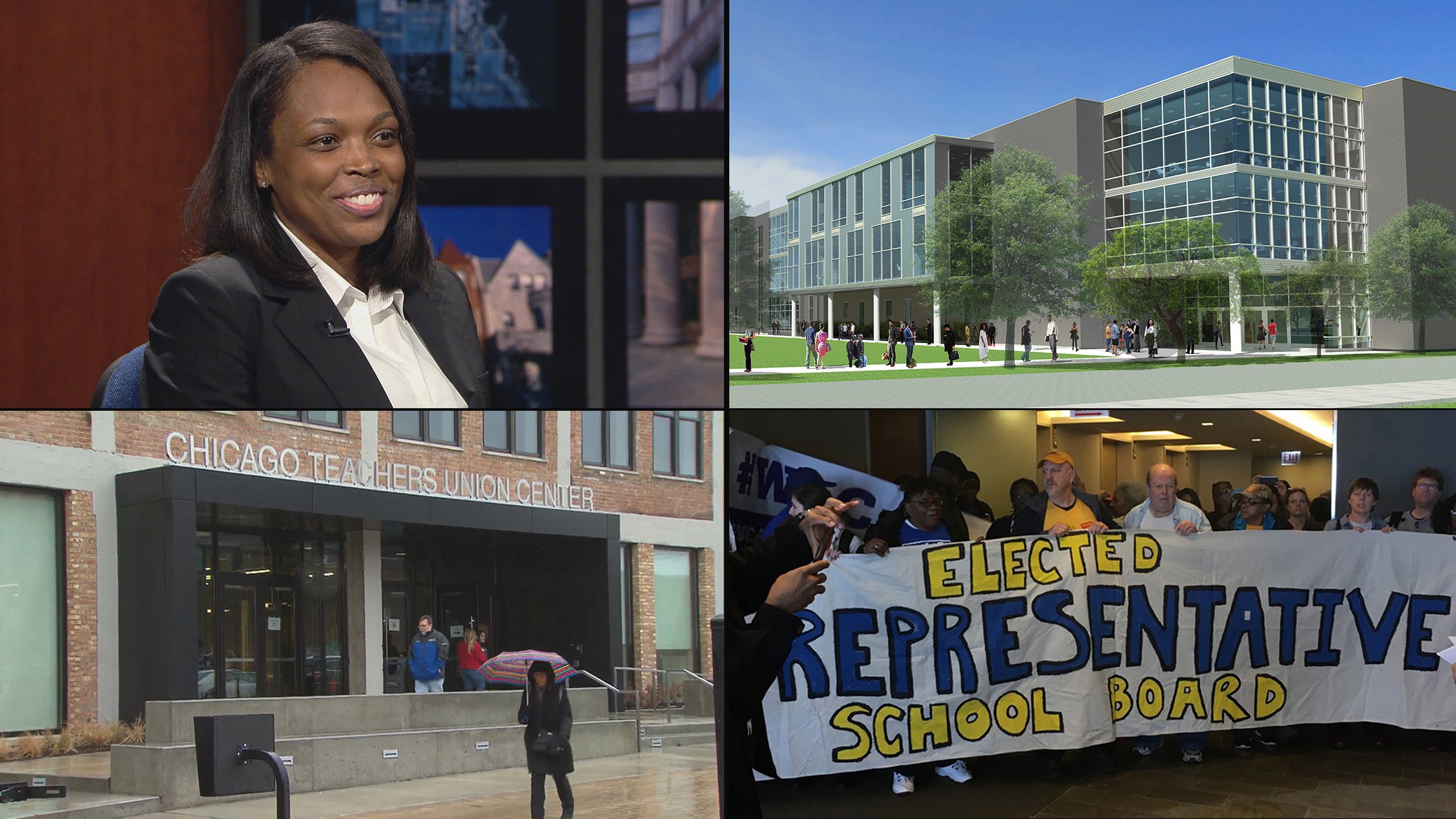 Clockwise from top left: Acting CPS CEO Janice Jackson; a rendering of the proposed Englewood high school; protesters demanding an elected Chicago Board of Education; the Chicago Teachers Union headquarters. (Chicago Tonight / Raise Your Hand Action)