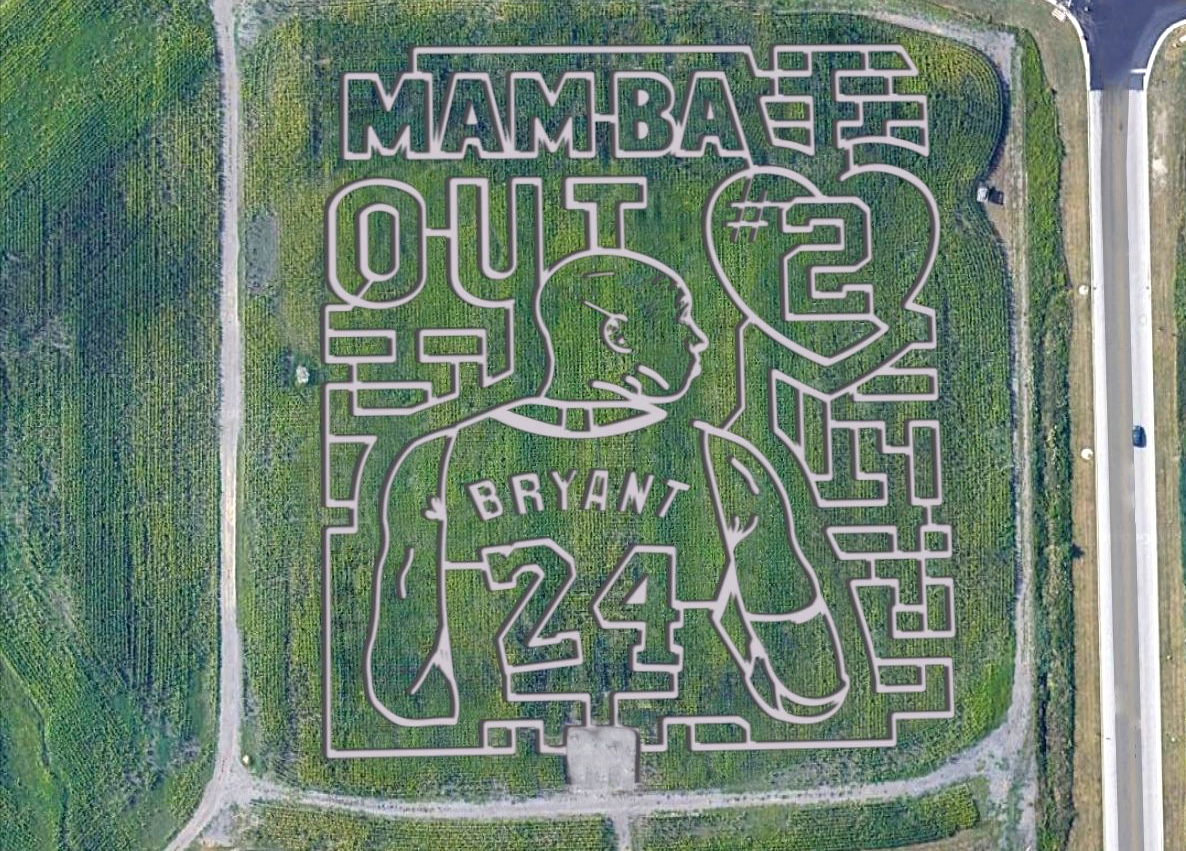 An aerial view of Odyssey Farm's corn maze, which pays tribute to Kobe Bryant. (Odyssey Fun Farm / Facebook)