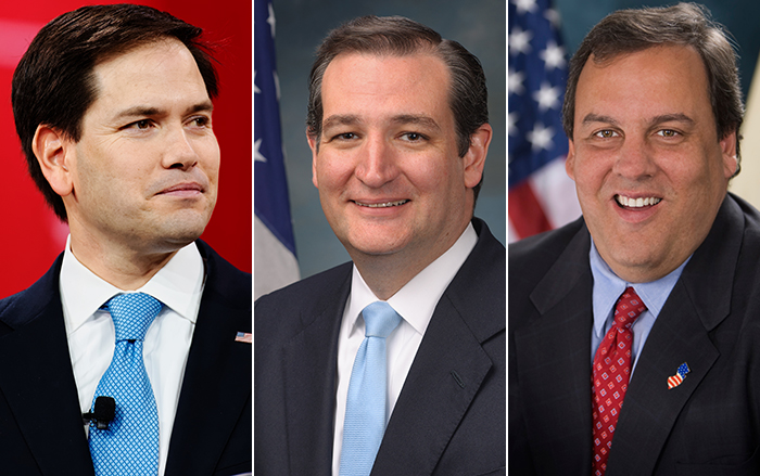 From left: GOP presidential hopefuls Marco Rubio, Ted Cruz and Chris Christie.
