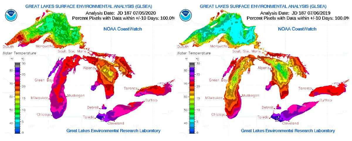 Great Lakes surface temperatures July 2020, left, and 2019, right. (Great Lakes Environmental Research Laboratory)