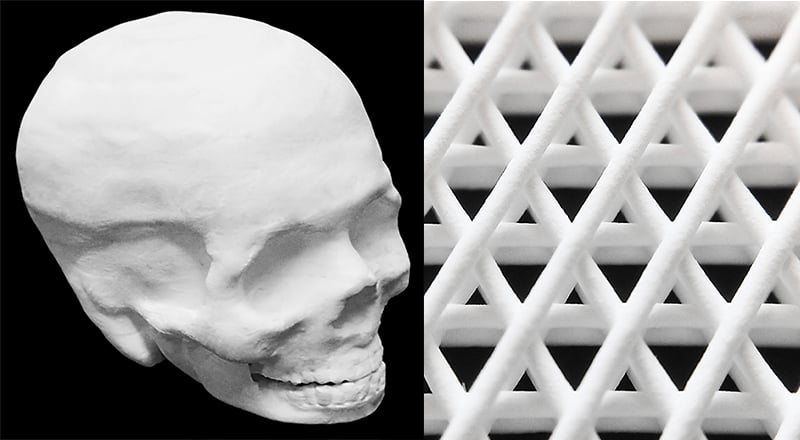 Left: A 3-D printed hyper-elastic bone of the human skull. The interior of the skull is hollow. Right: Close-up photograph of a small region of the first several layers of a 3-D printed hyper-elastic bone sheet. Each fiber is approximately 200 micrometers in diameter. (Credit: Adam E. Jakus, PhD).