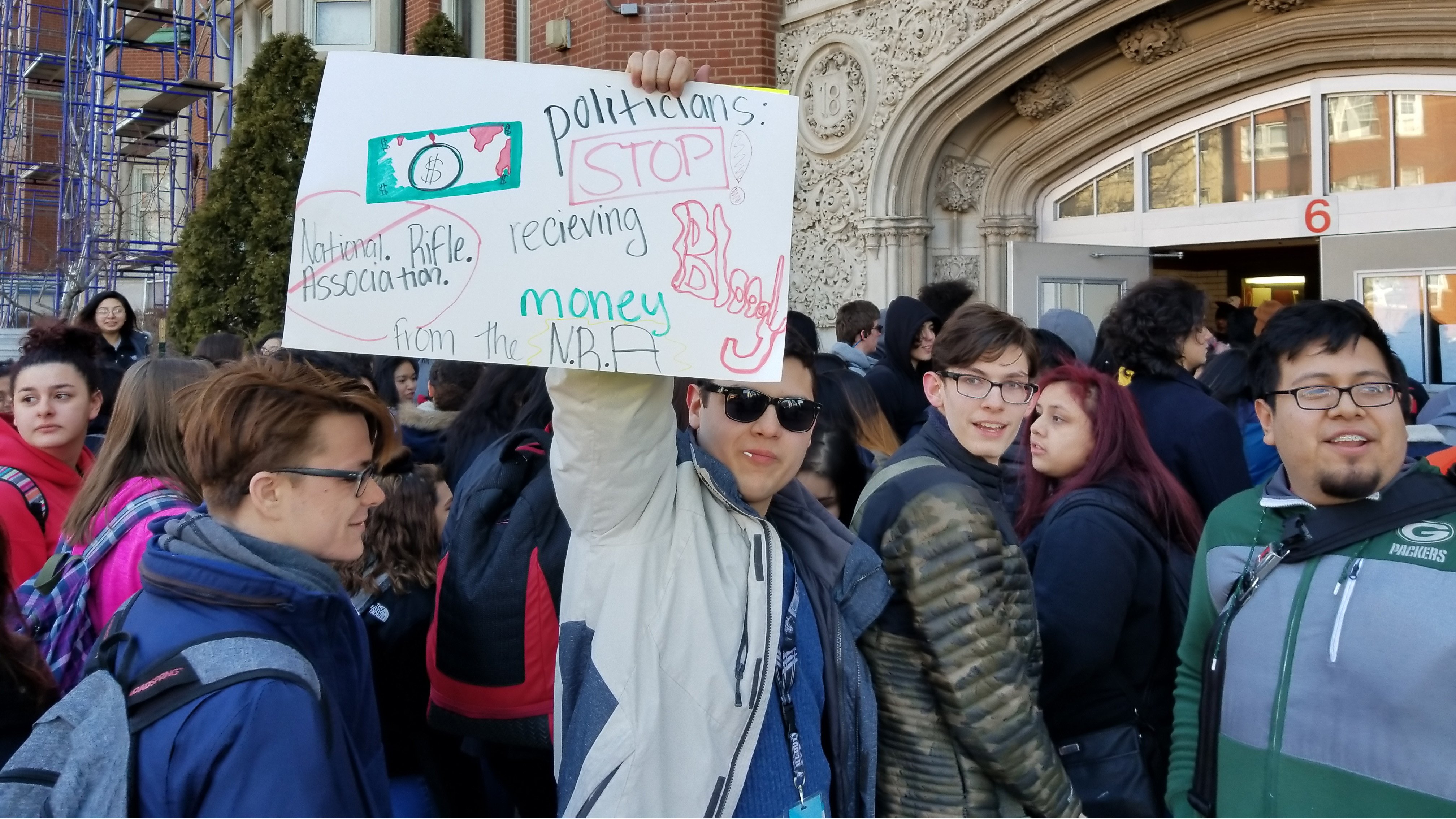 Students at Lake View High School joined their peers across the city and the nation Wednesday in a walkout protest demanding an end to gun violence. (Matt Masterson / Chicago Tonight)