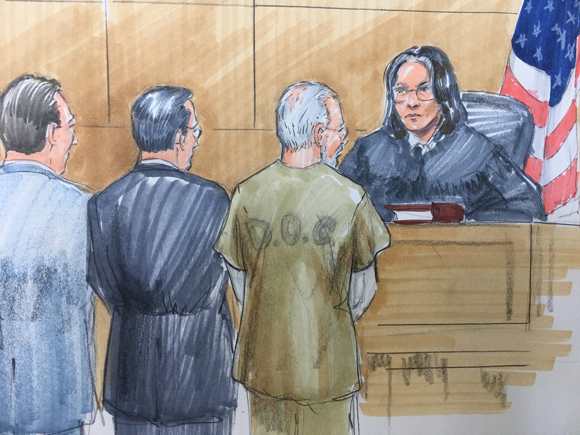 Wyndham Lathem stands with his attorneys in Cook County Circuit Court on Thursday. (Courtroom sketch by Thomas Gianni)