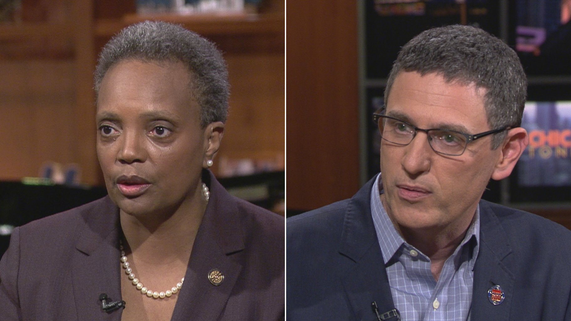 Chicago Mayor Lori Lightfoot and Chicago Teachers Union President Jesse Sharkey appear on “Chicago Tonight,” separately, on Thursday, Oct. 9, 2019. 