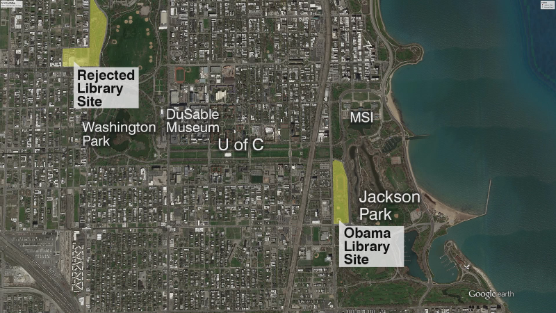 Click to enlarge: Overview of Jackson Park, Midway Plaisance and Washington Park. (Google Satellite)