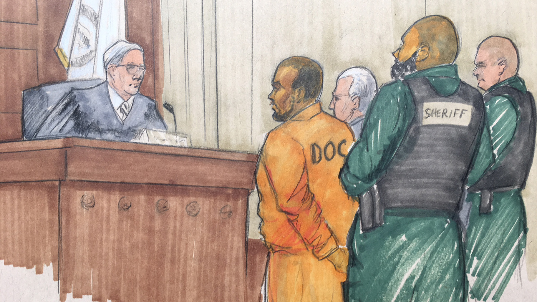 In this courtroom sketch, R&B singer R. Kelly appears before Cook County Associate Judge Lawrence Flood with his attorney Steve Greenberg on Monday, Feb. 25, 2019, at the Leighton Criminal Courthouse. (Credit: Tom Gianni)