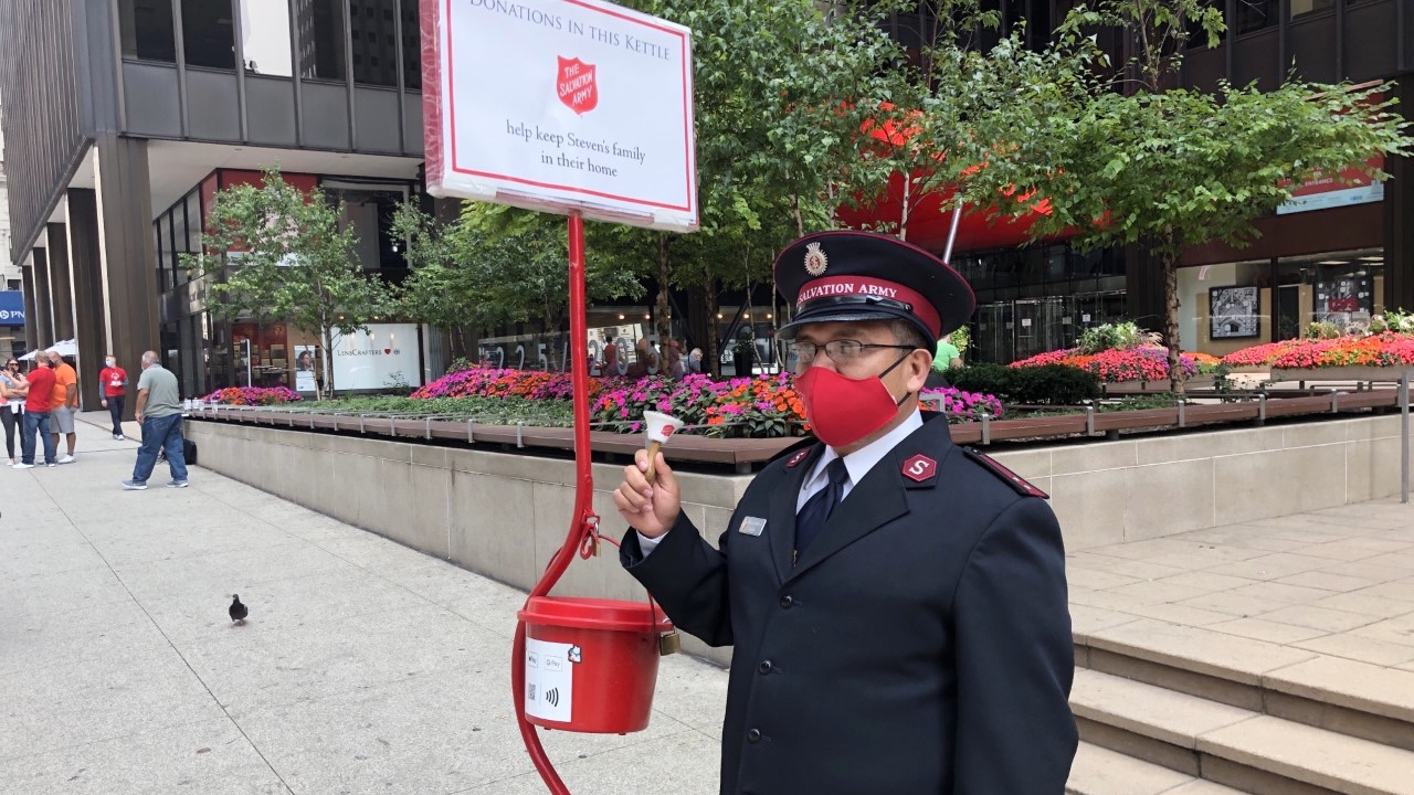 Salvation Army bell-ringers were out months early in Chicago to raise awareness of Rescue Christmas campaign. (Courtesy of The Salvation Army)