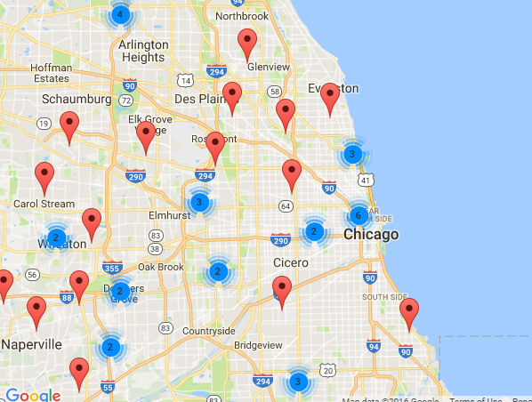 A screen shot from the Better Business Bureau's Scam Tracker shows reported incidents of IRS scams in the Chicago area since Feb. 13, 2015. Blue dots represent clumps of multiple cases of scams, red dots represent individual cases. (Better Business Bureau)