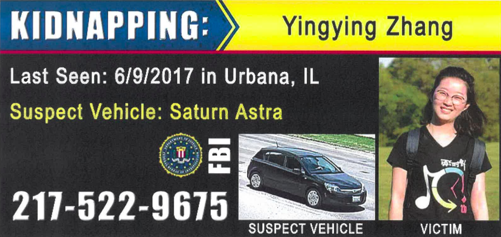 An FBI poster distributed after Yingying Zhang was kidnapped in June 2017. (FBI)