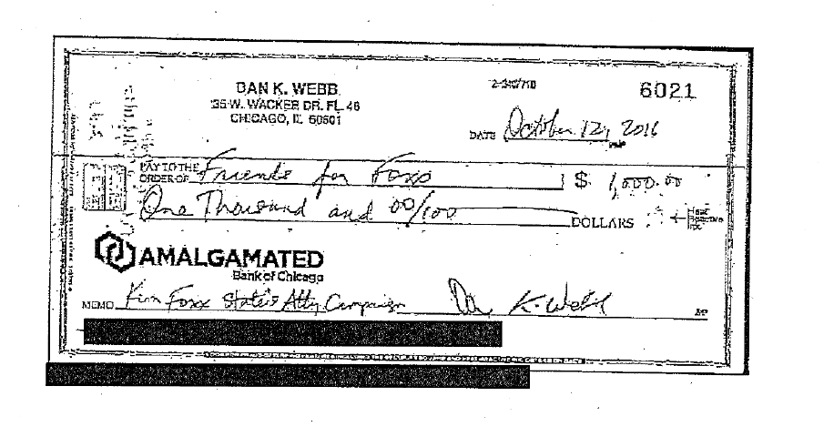 A copy of the contribution special prosecutor Dan Webb made to Kim Foxx's election campaign in 2016.