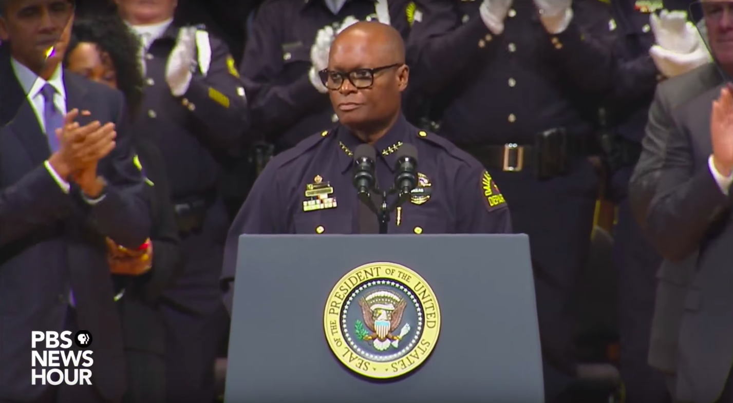 Retired Dallas Police Chief David Brown speaking at a 2016 memorial. (PBS Newshour)