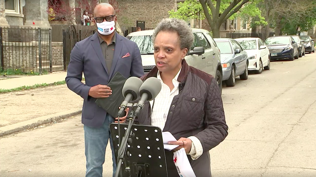 Mayor Lori Lightfoot speaks during a press conference Saturday afternoon in West Garfield Park, once again imploring Chicagoans to stay home during the COVID-19 pandemic. (Chicago Mayor Livestream)