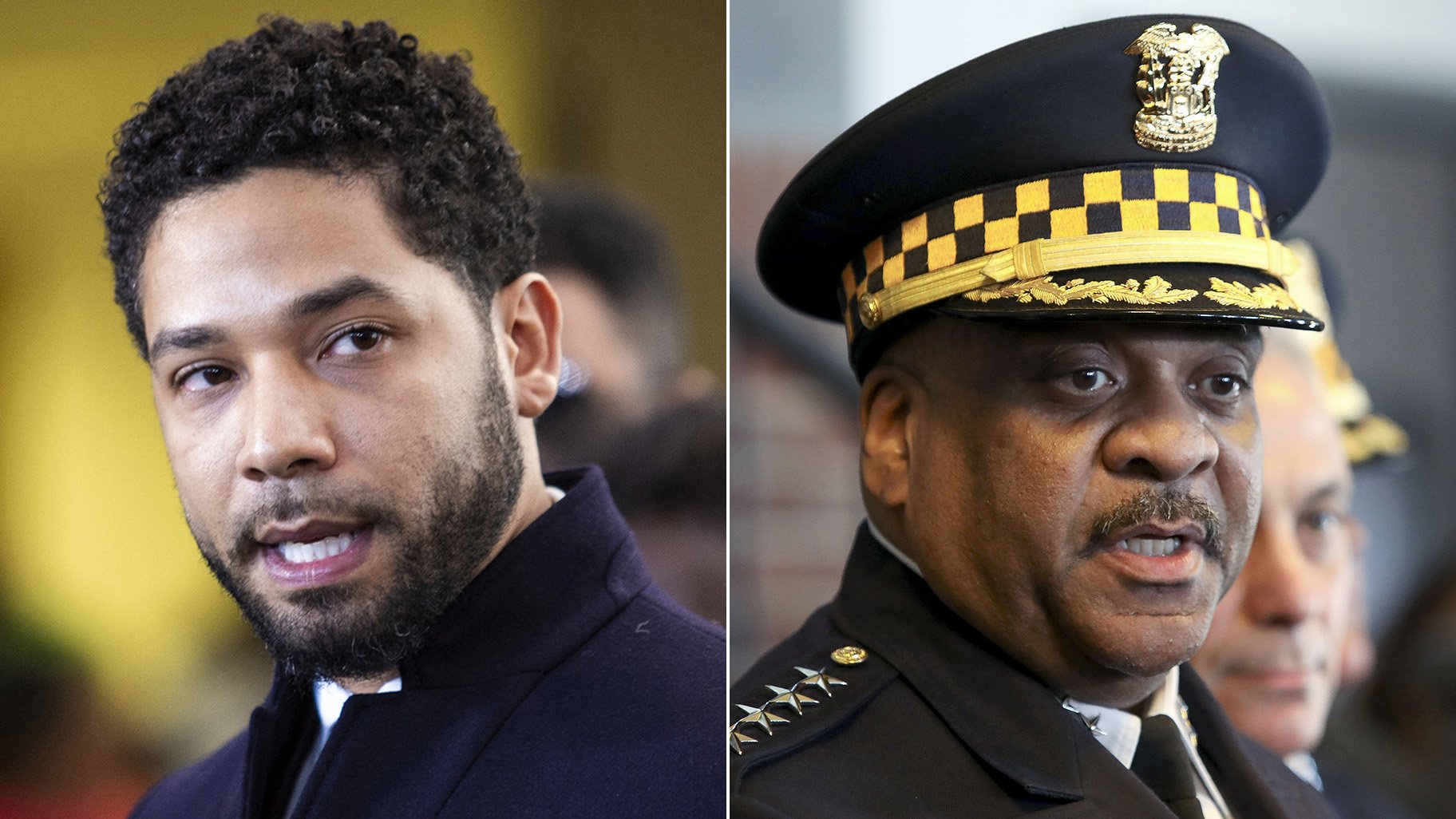 Jussie Smollett, left, and former Police Superintendent Eddie Johnson speak to the press, separately, on Tuesday, March 26, 2019, the day prosecutors dropped all charges against the “Empire” actor. (Credit: Ashlee Rezin / Chicago Sun-Times via AP; and Teresa Crawford / AP Photo)