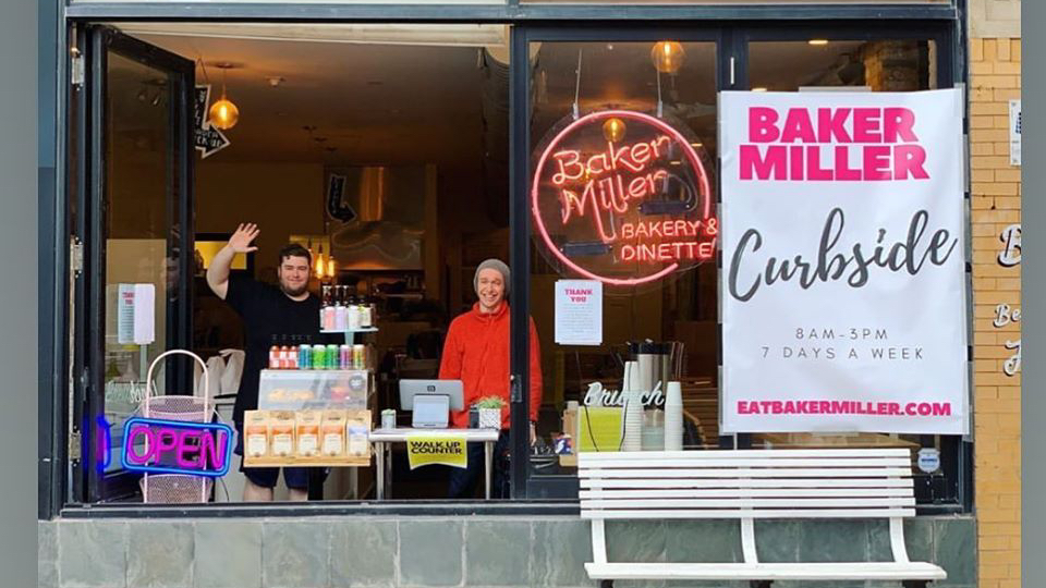 Baker Miller cafe in Lincoln Square, which reconfigured its operations to create a walk-up window, is among those now displaying a Snappy sign. (Courtesy of Baker Miller)