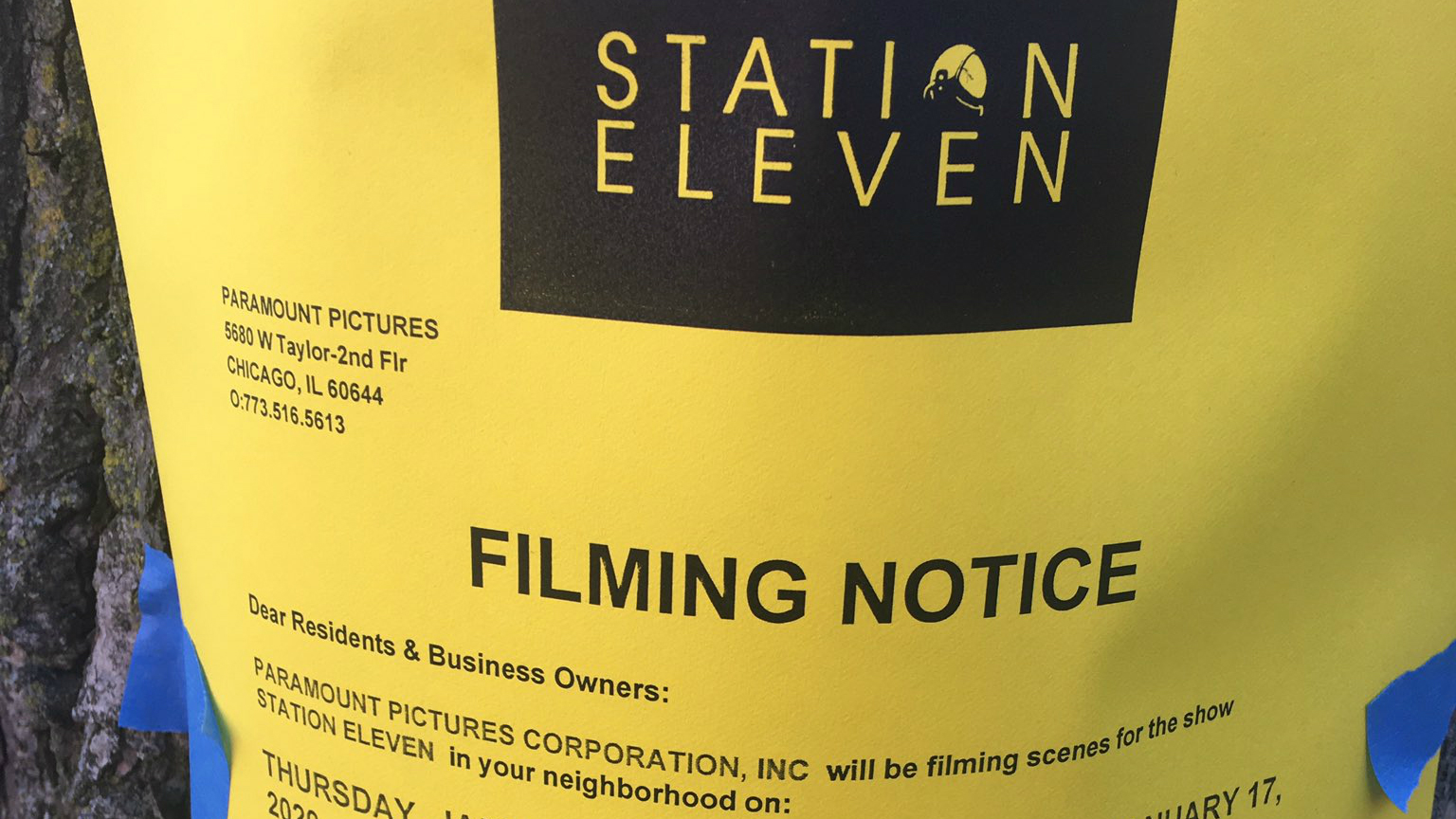 A photo of a filming notice for “Station Eleven” shared on Twitter.