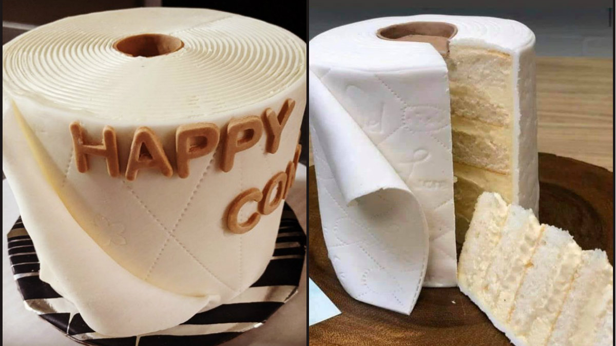 The toilet roll cake from TipsySpace is worth bingeing, not hoarding. This one, ordered for a child’s 14th birthday, includes the message, “Happy COVID-14.” (Courtesy of TipsySpace)
