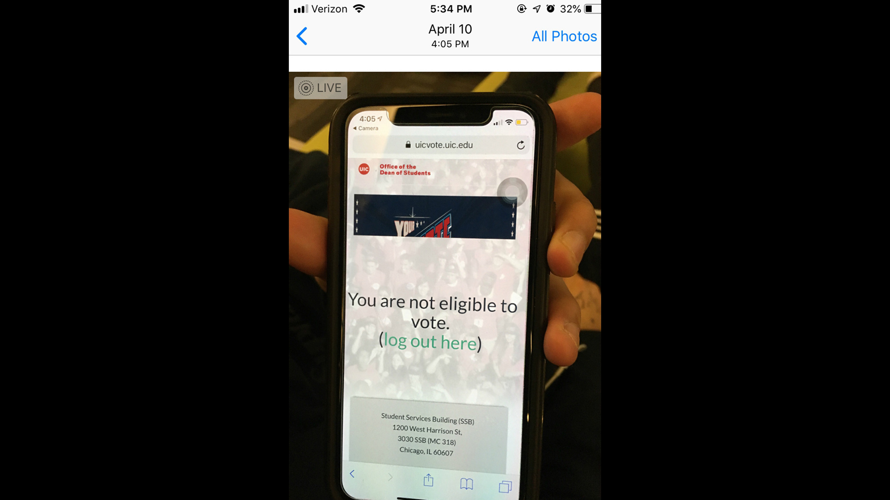 A student at the University of Illinois at Chicago shows the message they received during a student government election in April 2019. According to a new report, voting errors prevented at least 450 students from participating fully in the election. (Courtesy UIC Student Justice Coalition)