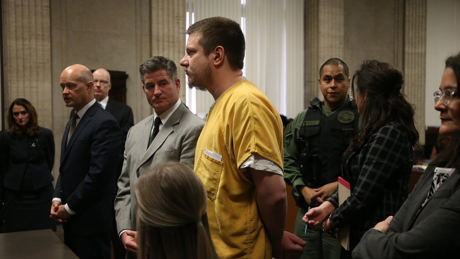 Former Chicago police Officer Jason Van Dyke and his attorney Daniel Herbert, left, attend Van Dyke’s sentencing hearing on Friday, Jan. 18, 2019. (Antonio Perez / Chicago Tribune / Pool)